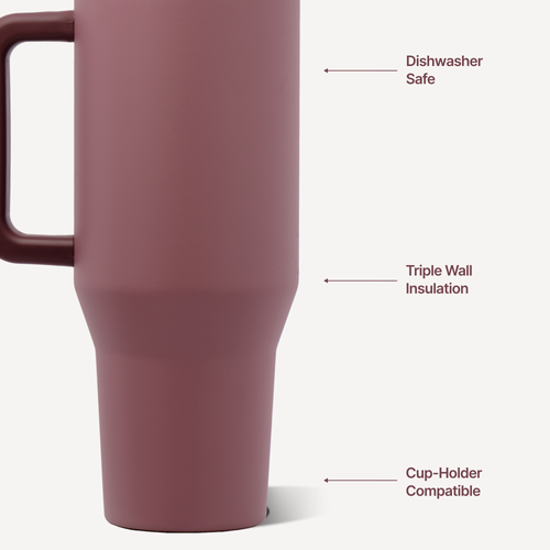 Close-up of a dusty rose insulated travel mug with a handle, featuring callout text labels pointing to dishwasher safe, triple wall insulation, and cup-holder compatibility on a light gray background.