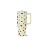 Cream-colored mug with blue floral pattern on a white background