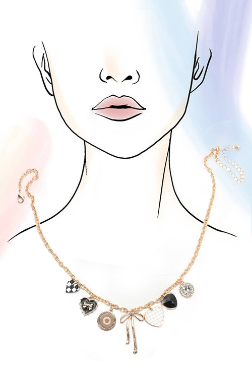 Necklace with various charms on a minimalistic face illustration