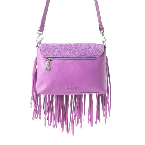 Purple handbag with fringe details on a white background
