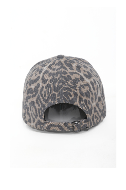 A structured baseball cap with a leopard print pattern in beige and dark gray, shown from the back on a white background.