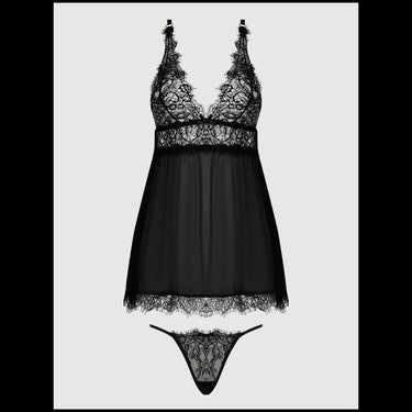 Black lace lingerie set on a white background