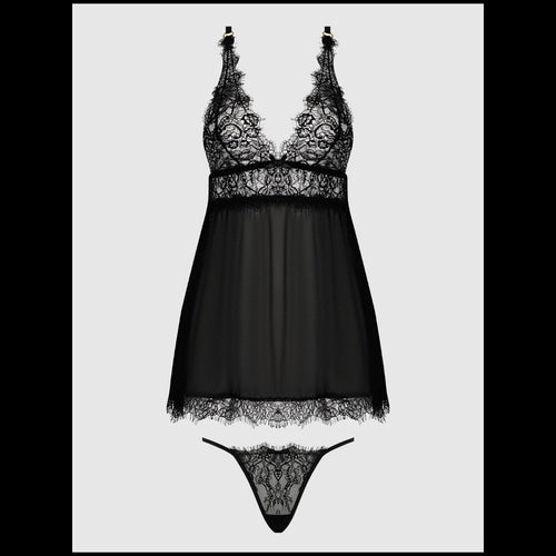 Black lace lingerie set on a white background