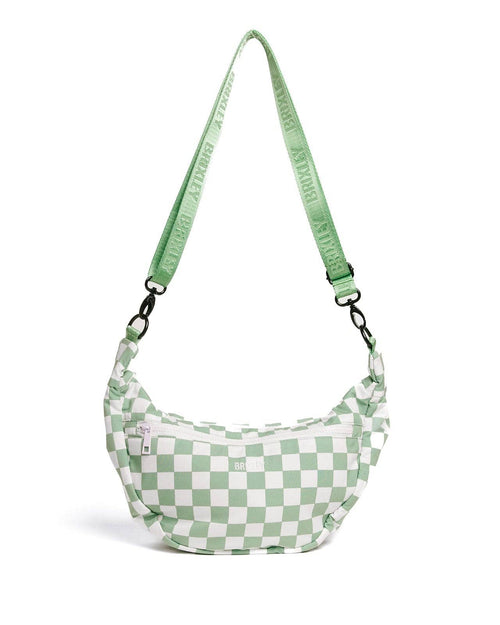 Green and white checkered bag with a strap on a white background