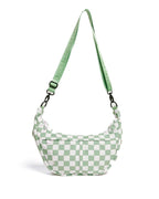 Green and white checkered bag with a strap on a white background