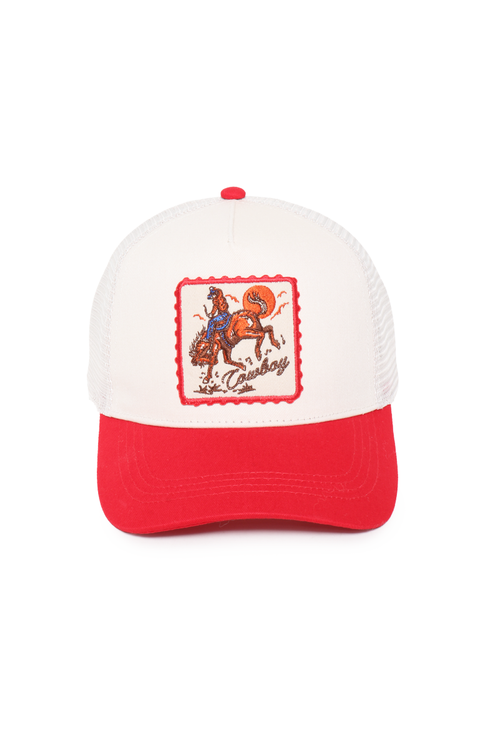 Red and white cap with a cowboy graphic on a white background