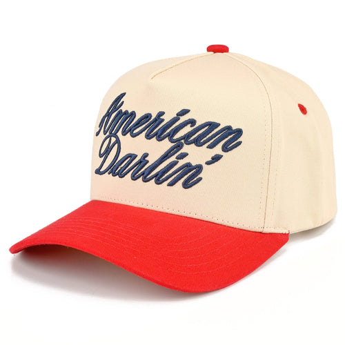 Beige and red cap with 'American Darlin'' text on a white background