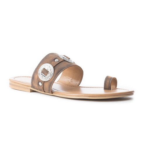 Brown sandal with a decorative buckle on a white background