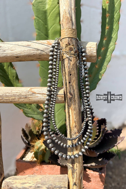 Necklace on a wooden stick with a cactus in the background, featuring the brand 'Rowdy & Crow'.
