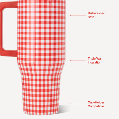 Red and white checkered mug with text indicating features on a white background
