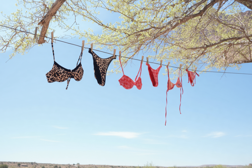 swimsuits hanging on a clothesline against a blue sky.