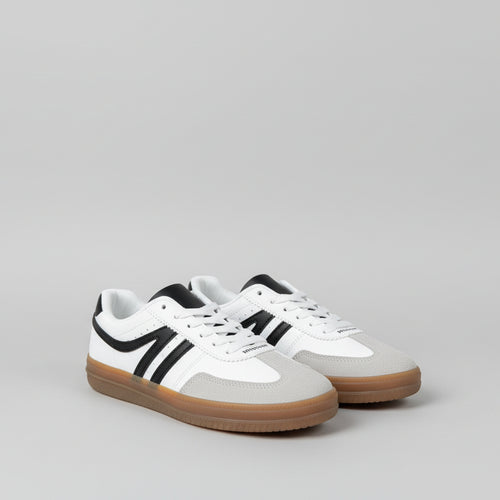 White sneakers with black and tan accents on white background 