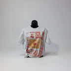 Gray t shirt with love-themed graphics on a mannequin against a white background