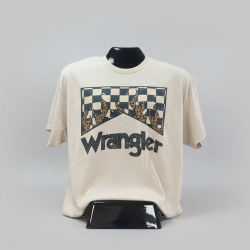 Beige shirt with a checkered pattern and 'Wrangler' branding on a grey background 