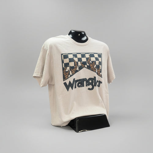 Beige shirt with a checkered pattern and 'Wrangler' branding on a grey background 