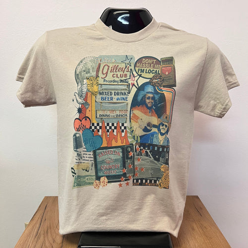 Beige t-shirt with colorful graphic design on a wooden surface