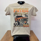 Beige t-shirt with vintage racing club design on a white background