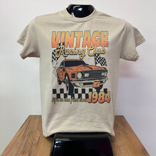 Beige t-shirt with vintage racing club design on a white background