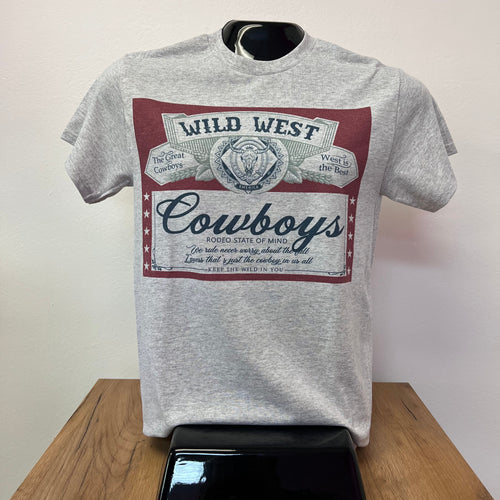 Gray sweatshirt with a red and white label on a wooden surface