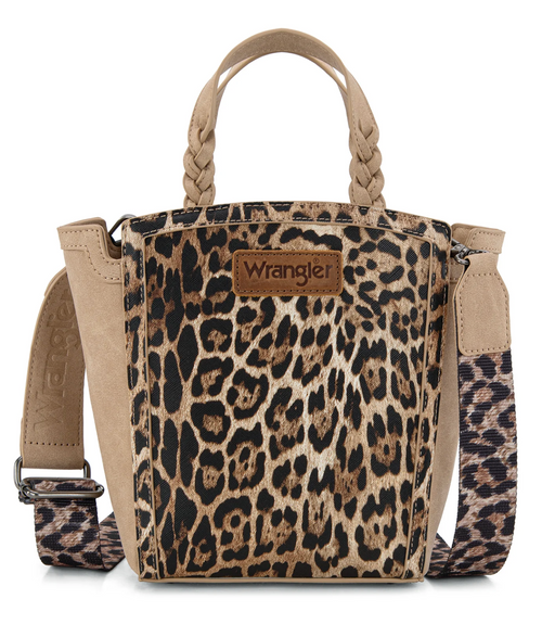 Wrangler leopard print handbag with tan faux-leather trim, braided top handles, and a detachable shoulder strap on a white background.