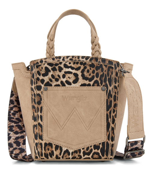 Wrangler leopard print and beige faux-suede tote bag with braided top handles, a front pocket, and a detachable shoulder strap on a white background.