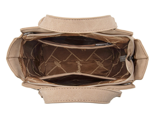 Top-down view of a beige handbag showing its interior compartments, lined with a brown patterned fabric featuring the brand name 'Chambriard'.