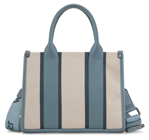 A structured leather handbag with vertical stripes in dusty blue, cream, and dark navy, featuring dual top handles and a matching adjustable shoulder strap.