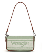 Wrangler shoulder bag featuring a sage green and cream knit patterned front with the brand name 'Wrangler' in green, brown leather trim, and a brown shoulder strap.