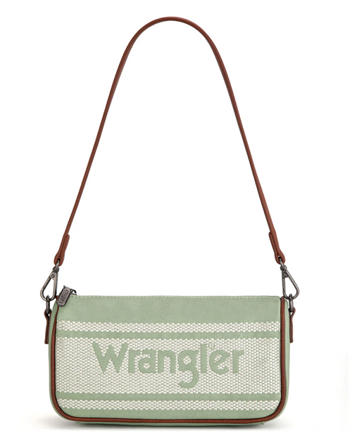 Wrangler shoulder bag featuring a sage green and cream knit patterned front with the brand name 'Wrangler' in green, brown leather trim, and a brown shoulder strap.