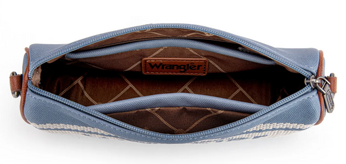 An open blue canvas zippered pouch with brown leather trim and a brown diamond-patterned interior lining, showing the Wrangler logo patch on the inside.