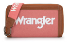 A Wrangler zip-around wallet in pink canvas with brown leather trim and a pink webbed strap featuring a white Wrangler logo.