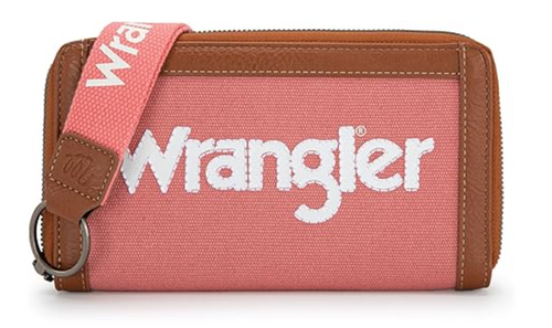 A Wrangler zip-around wallet in pink canvas with brown leather trim and a pink webbed strap featuring a white Wrangler logo.