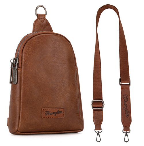 A brown faux-leather crossbody bag shown next to its detachable adjustable shoulder strap on a white background. The bag features a zippered main compartment, a front slip pocket, and a stitched 'Wrangler' logo patch.