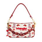 Wrangler handbag featuring a cream canvas body with a red and pink cowboy boot and hat pattern, a red leather shoulder strap, and a chunky red translucent chain strap across the front.