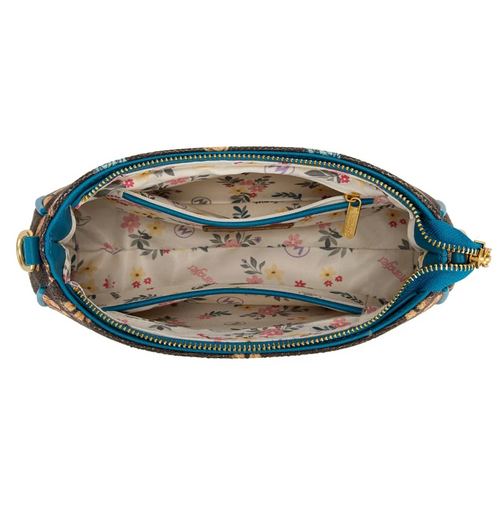 Top-down view of a zippered cosmetic pouch with a floral patterned exterior, teal blue trim, and a cream floral lining with gold zipper pulls.