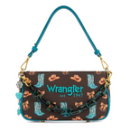 Wrangler shoulder bag featuring a brown coated canvas body with a cowboy hat and turquoise boot pattern, a turquoise leather strap, a chunky black and turquoise chain, and a turquoise heart charm.
