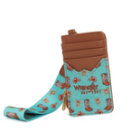A turquoise and brown patterned card holder wallet with a matching wrist strap, featuring cowboy boots, hats, and the text 'Wrangler Est. 1937' on a white background.