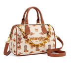 Wrangler western-style handbag with a cream canvas body, brown leather handles and shoulder strap, and an allover cowboy hat and boot print. A large tortoiseshell chain and a silver-toned keychain charm hang from the front, with the Wrangler logo printed on the front.