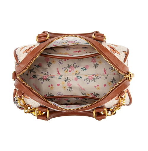 An open designer handbag with tan leather trim, gold-tone hardware, and a cream floral lining printed with the brand name 'Versace'.