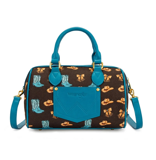 Wrangler brown duffle bag with a turquoise blue handle, shoulder strap, and front pocket, decorated with a cowboy boot and hat pattern, shown on a white background.