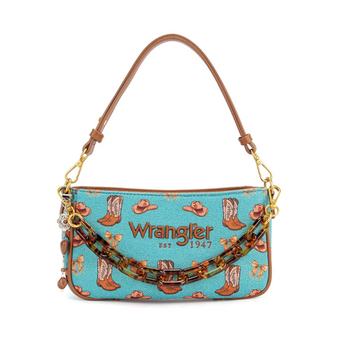 A turquoise Wrangler handbag with a brown leather shoulder strap, a brown faux-leather chain strap, and a western-themed print featuring cowboy boots, hats, and the Wrangler logo.