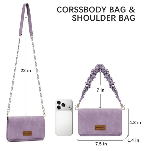 Purple crossbody and shoulder bags shown with dimension labels and a smartphone for scale on a white background. Text reads 'CORSSBODY BAG & SHOULDER BAG' and measurements are annotated around each bag.