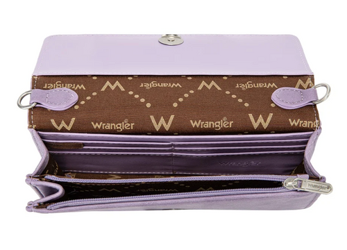 A purple Wrangler wallet shown open, displaying its interior card slots, zipper compartment, and the brand's brown monogram pattern lining.