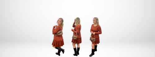 Three views of a blonde woman modeling a rust-orange long-sleeve mini dress with a pleated skirt, paired with black knee-high socks and carrying a brown woven handbag, set against a plain white studio background.