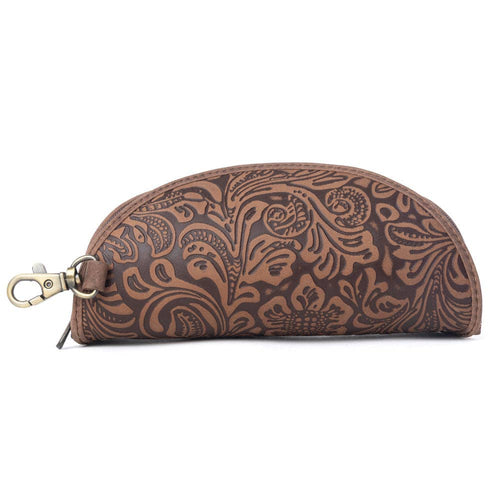 Brown patterned pouch with a keychain on a white background