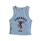 Light blue tank top with Fireball Whisky logo on a white background