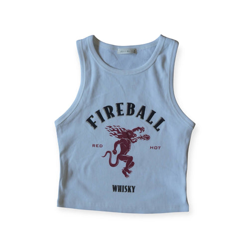 Light blue tank top with Fireball Whisky logo on a white background