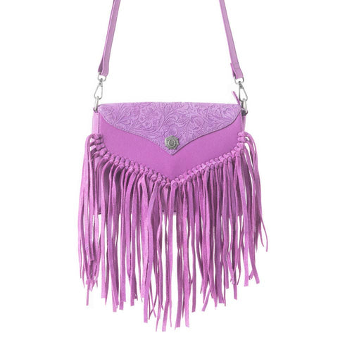 Purple fringe handbag on a white background