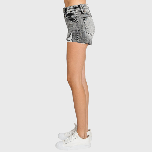 Gray denim skirt worn by a person on a white background