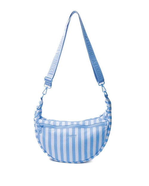 A light blue and white vertically striped crescent-shaped crossbody bag with a matching adjustable shoulder strap, shown against a plain white background.